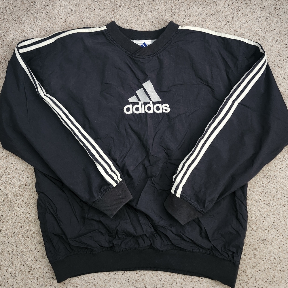 Adidas Vintage Black Windbreaker Crewneck Sweater with White Stripes